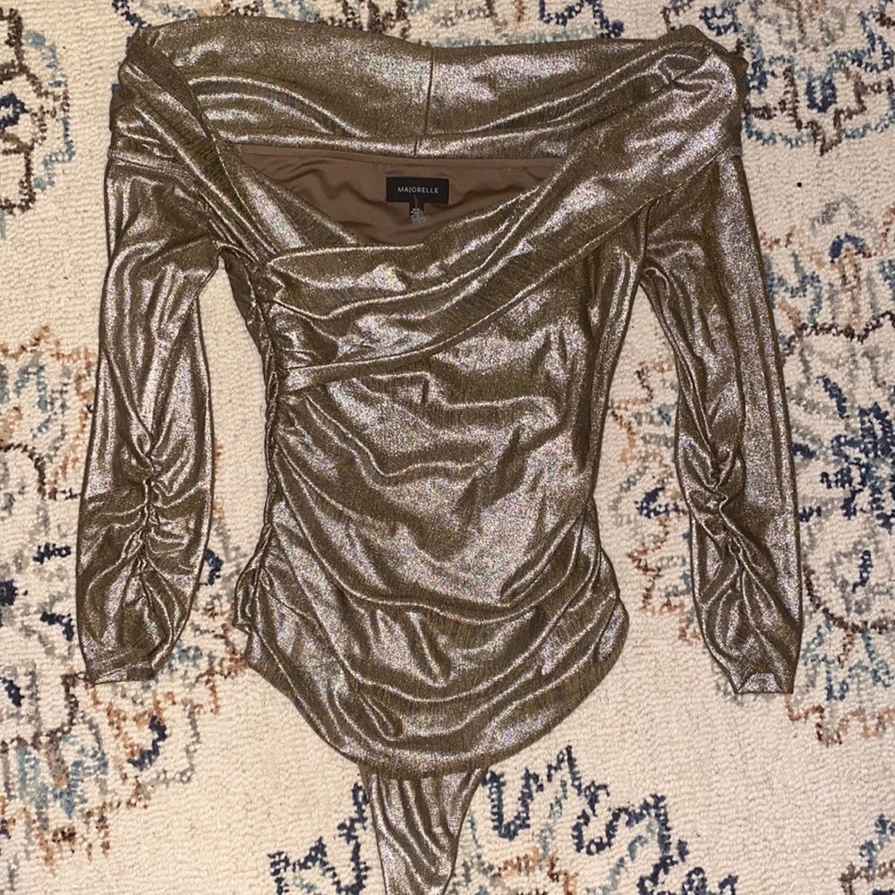 MAJORELLE Cypress Bodysuit Metallic Bronze Taupe Off Shoulder OnePiece Party Top - Picture 5 of 12